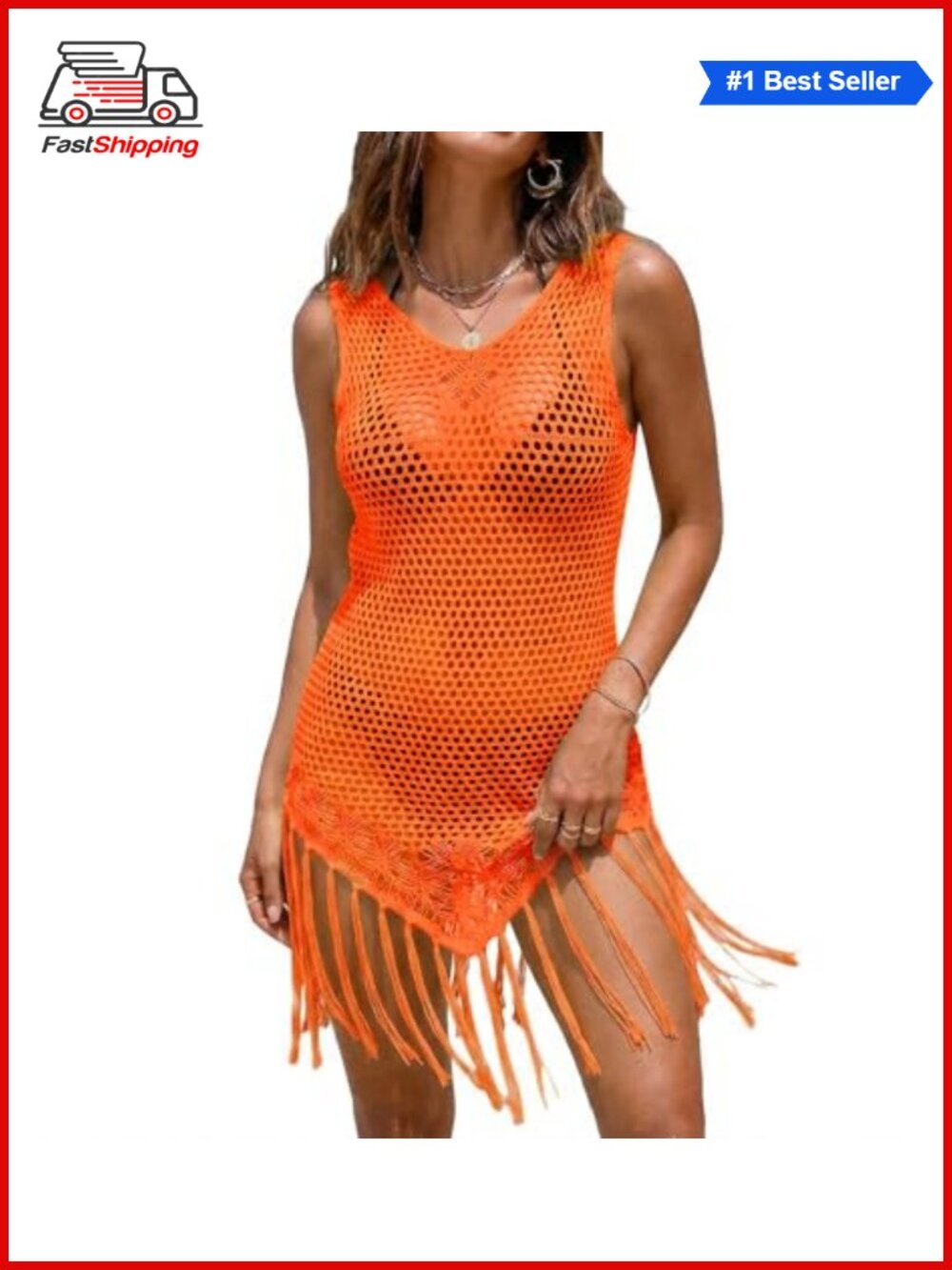 Crochet Swimsuit Coverup Tassel Trim Sleeveless Beach Bikini Cover Up
